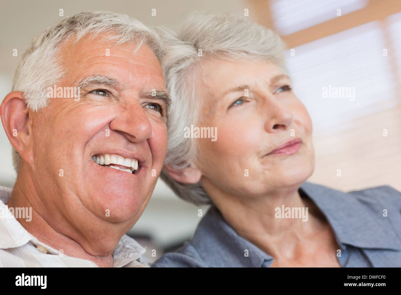 Smiling senior couple sitting on the couch Stock Photo