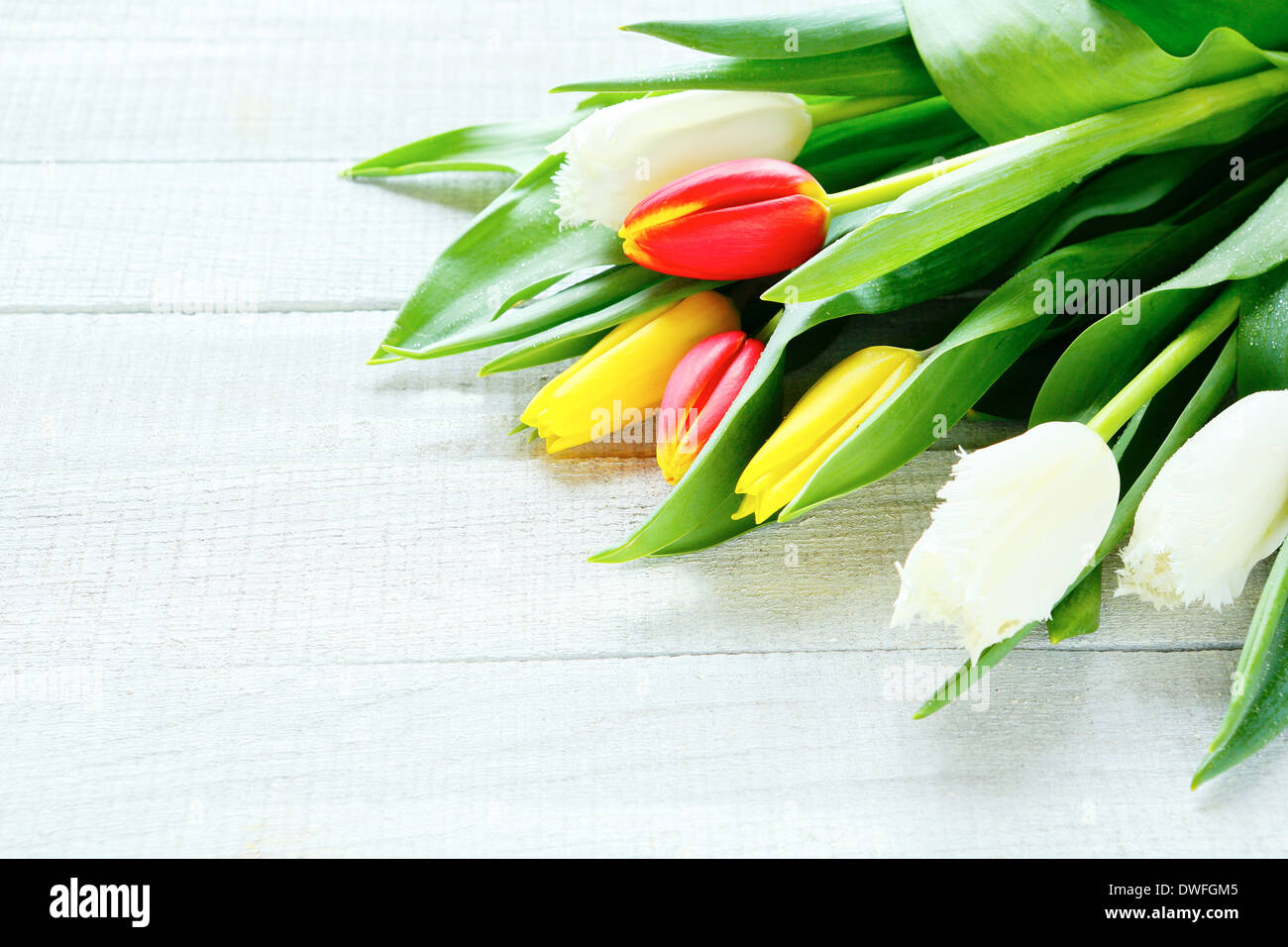armful of flowers on a wooden background, spring Stock Photo