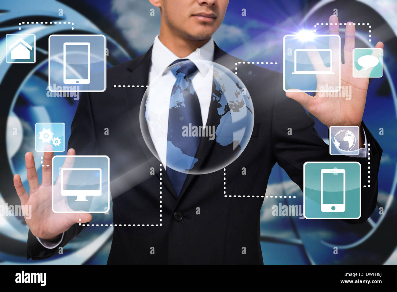 Businessman touching earth interface with graphics Stock Photo