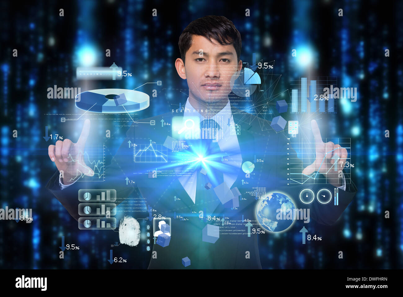 Serious businessman touching interface Stock Photo