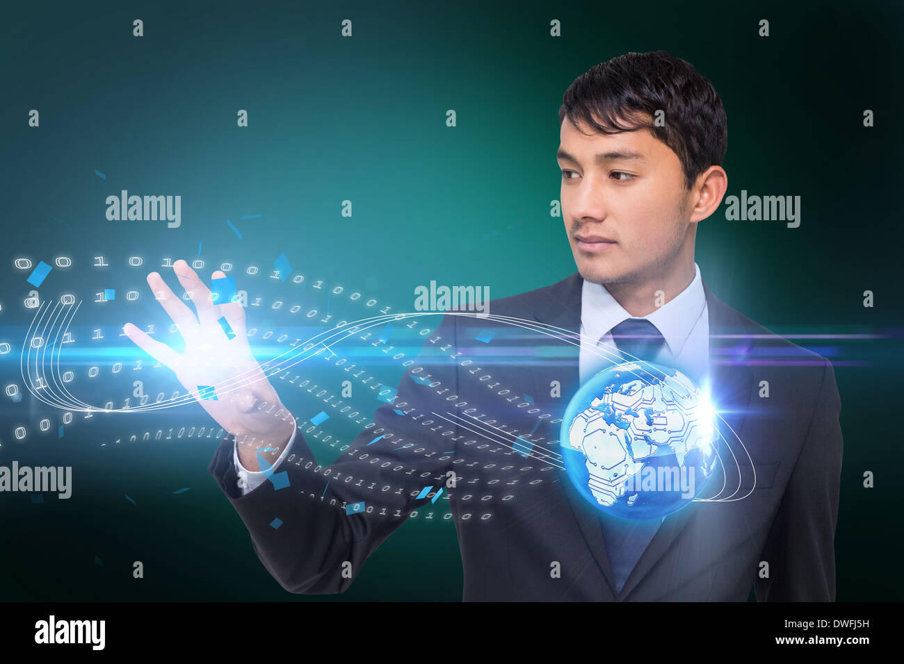 Asian businessman touching binary code with earth Stock Photo - Alamy image.