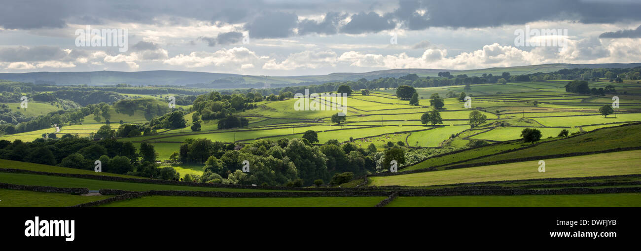 Panoramic view of the White Peak from the village of Cressbrook Stock Photo