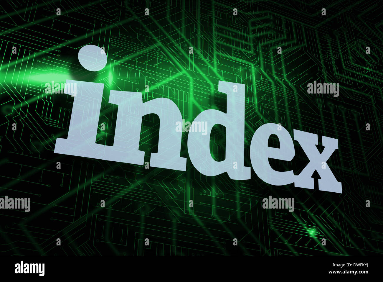 Index against green and black circuit board Stock Photo