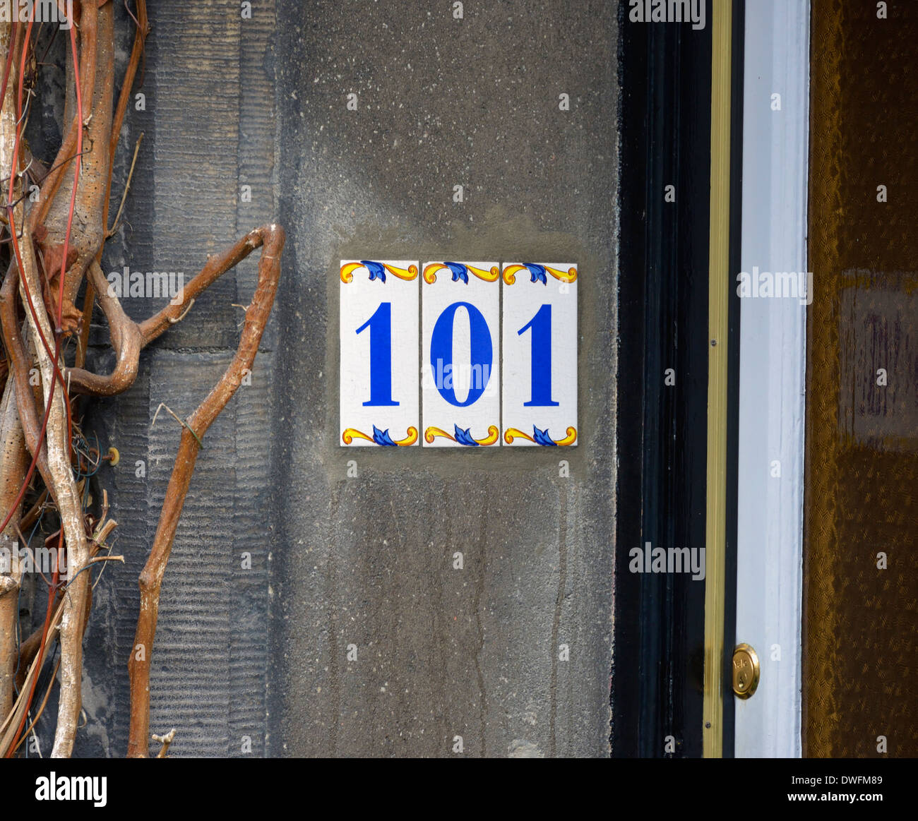 Number 101. House number on ceramic tiles. Stock Photo