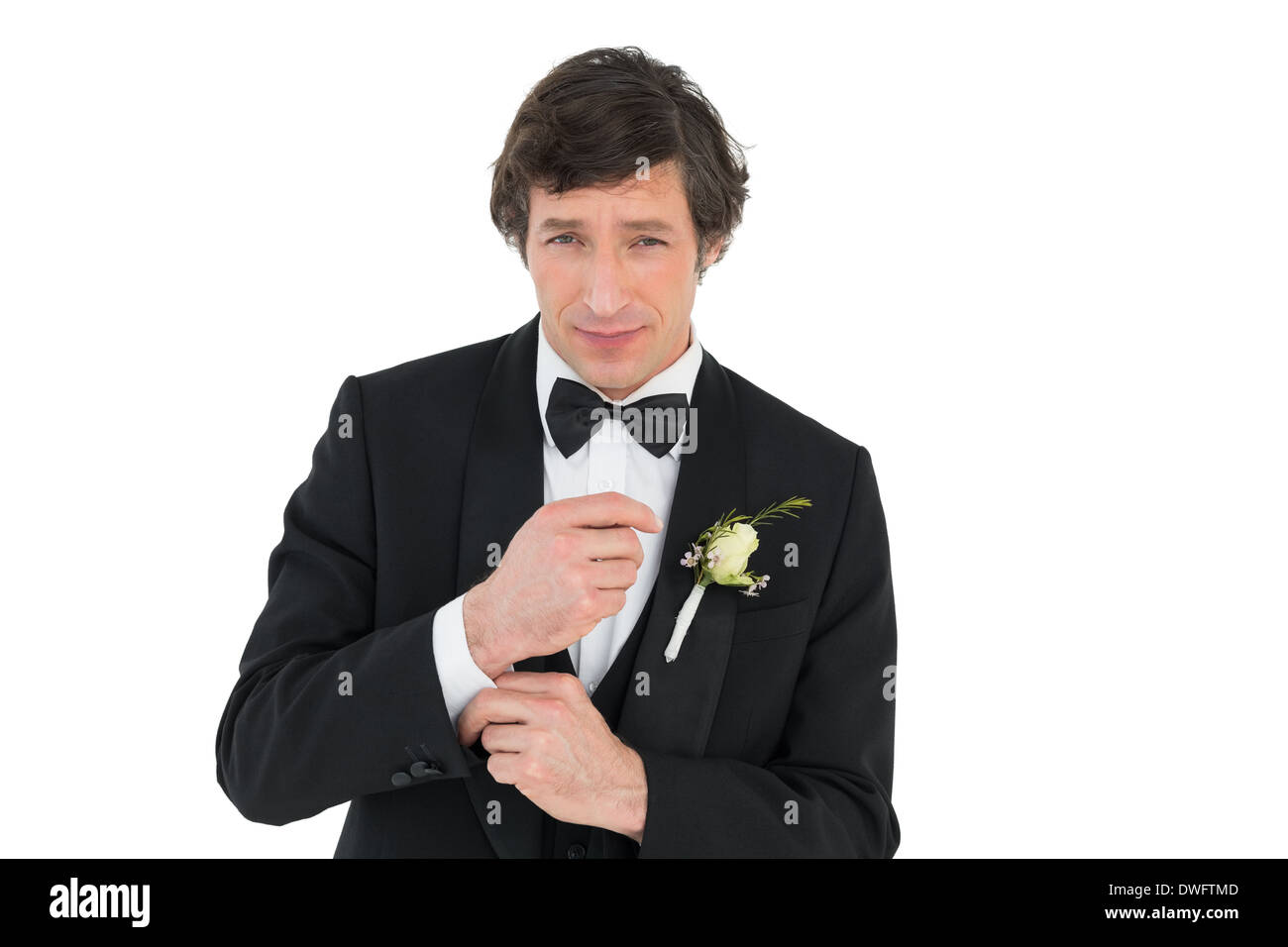 Groom in tuxedo getting ready Stock Photo