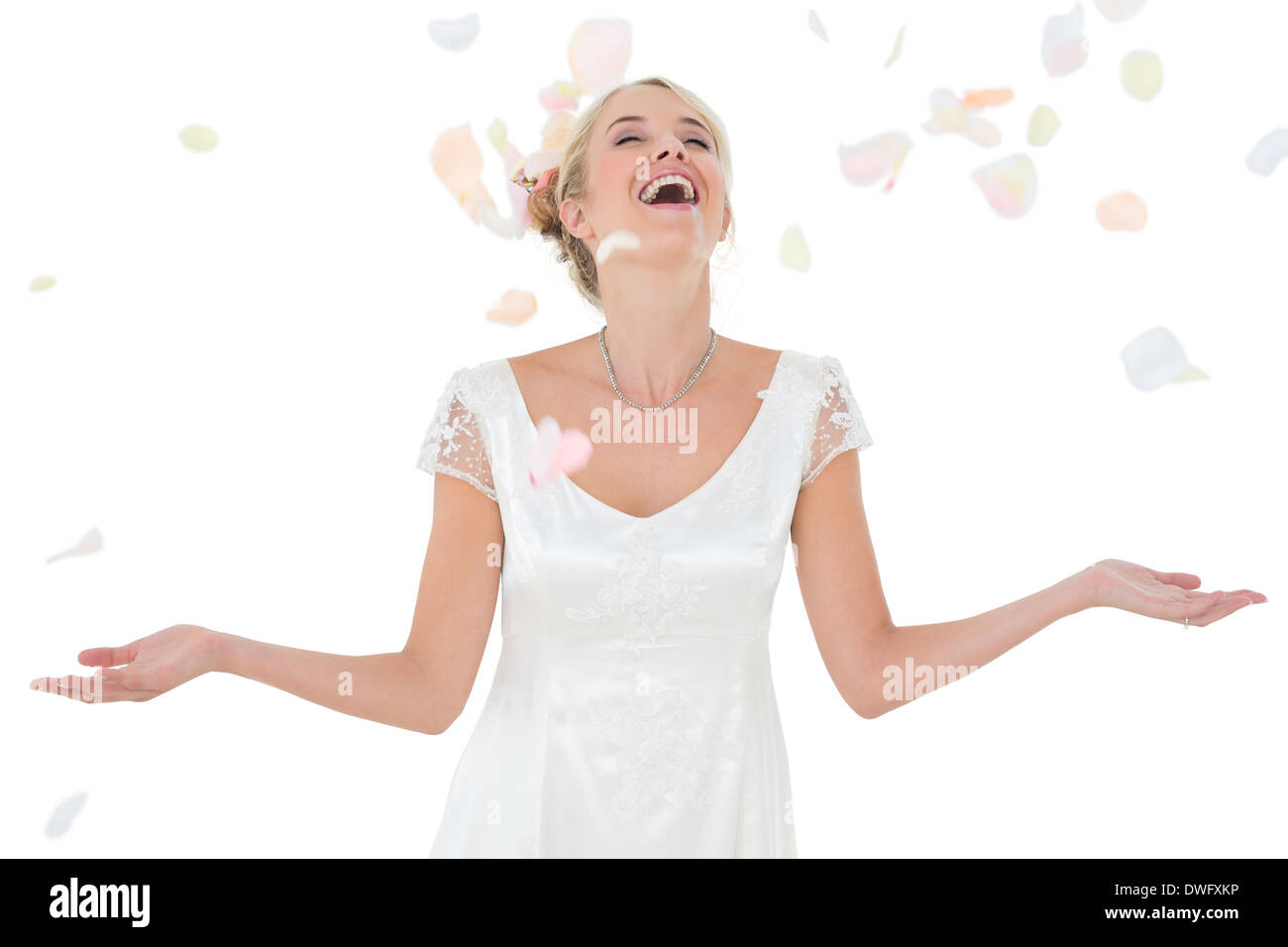 Happy bride being showered with petals Stock Photo Alamy