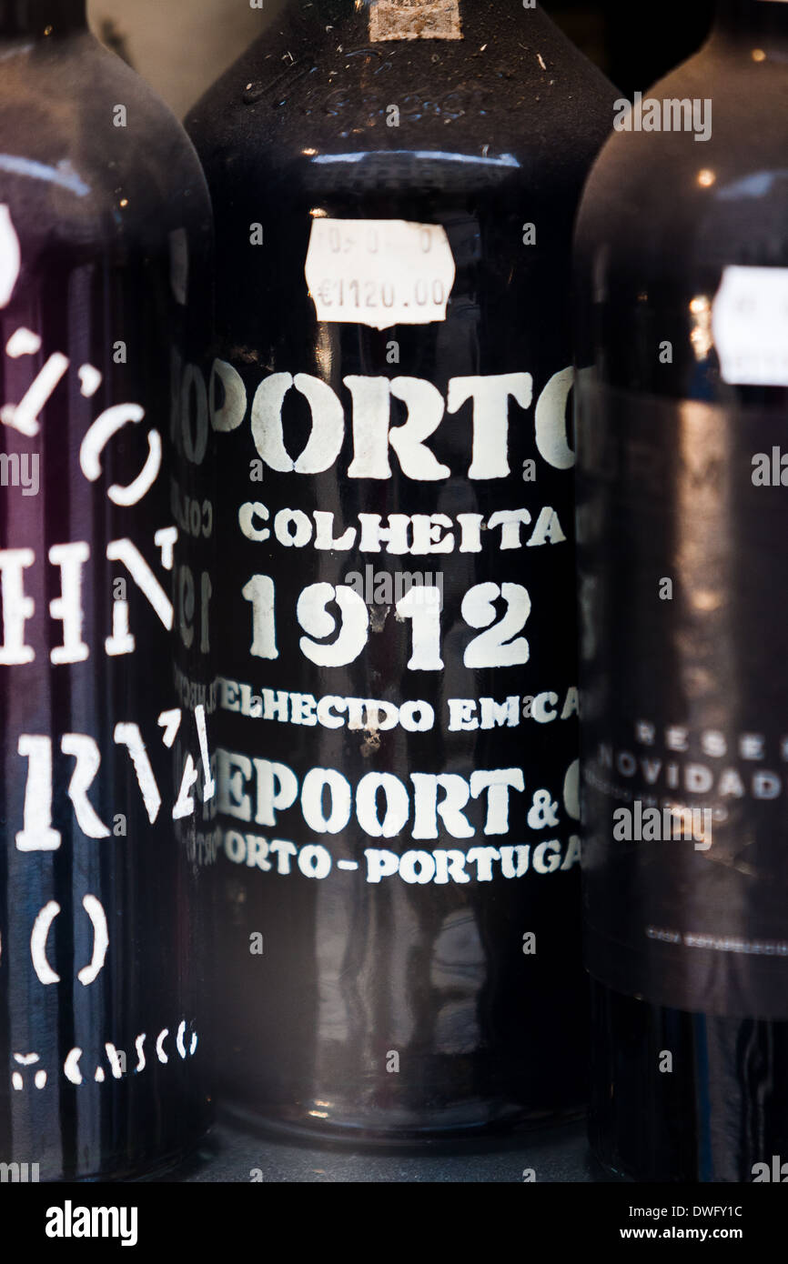 Dated vintage Bottles of port for sale Lisbon Portugal Stock Photo