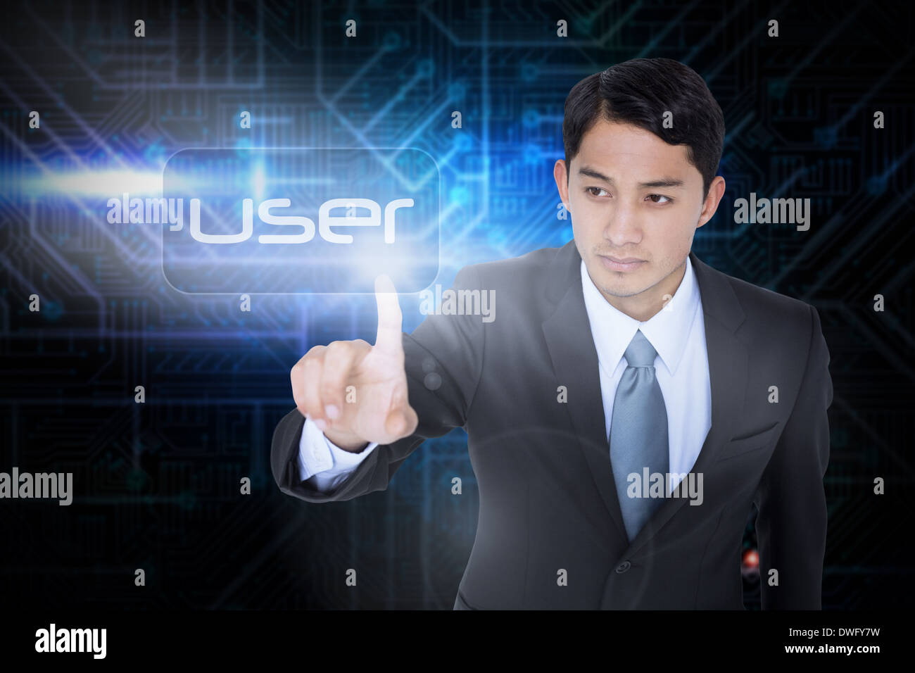 User against futuristic black and blue background Stock Photo - Alamy