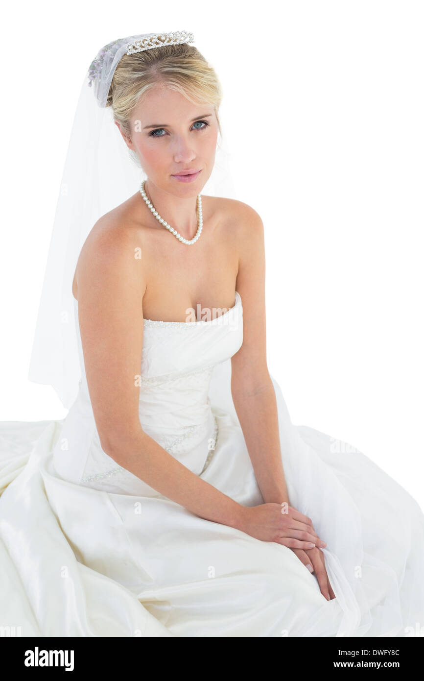Portrait of young bride in off shoulder dress Stock Photo