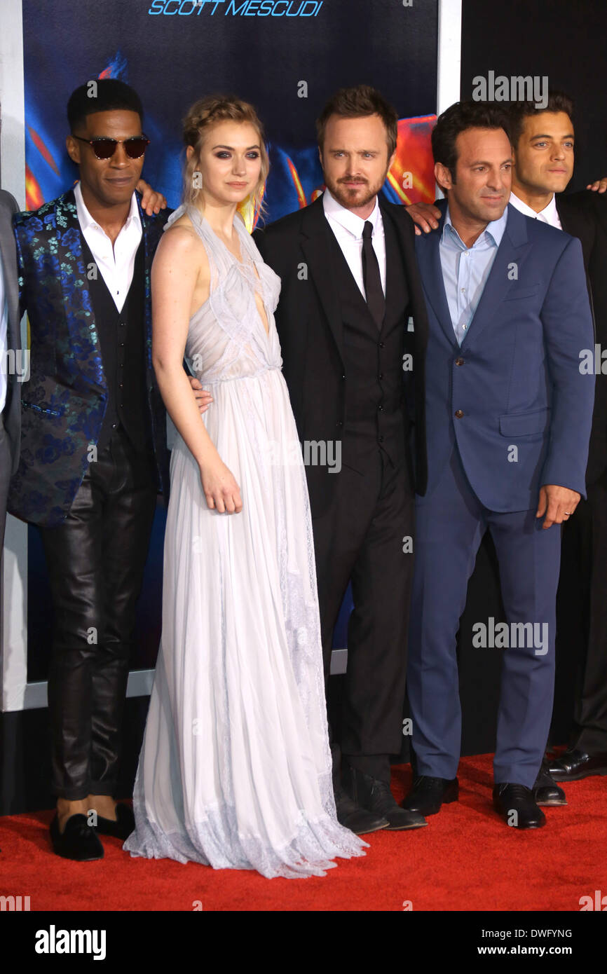 L-R) Ramon Rodriguez, Scott Mescudi, Imogen Poots, Aaron Paul,  director/executive producer Scott Waugh and actor Rami Malek attend the  premiere of the motion picture crime thriller Need for Speed at TCL  Chinese