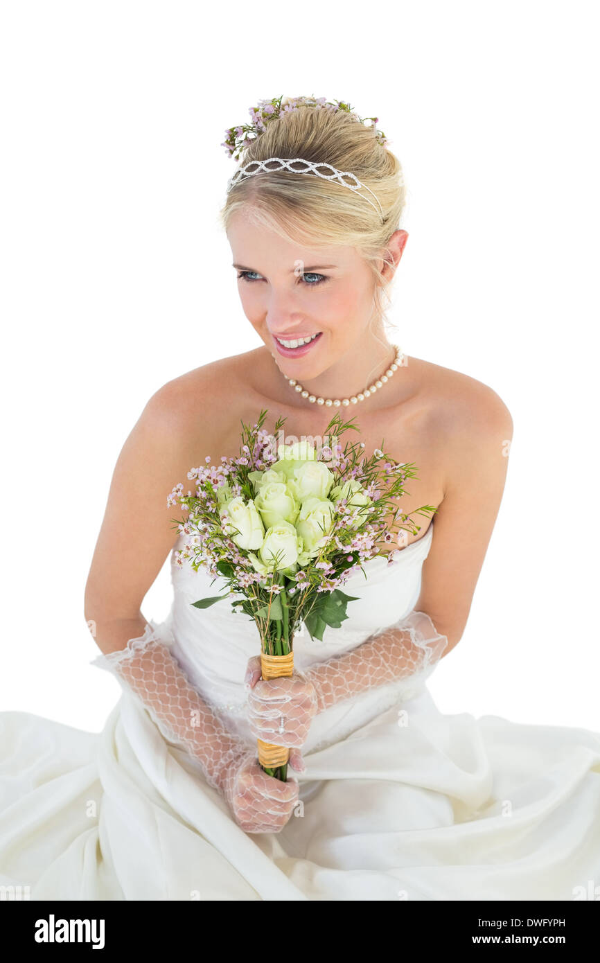 Thoughtful bride over white background Stock Photo