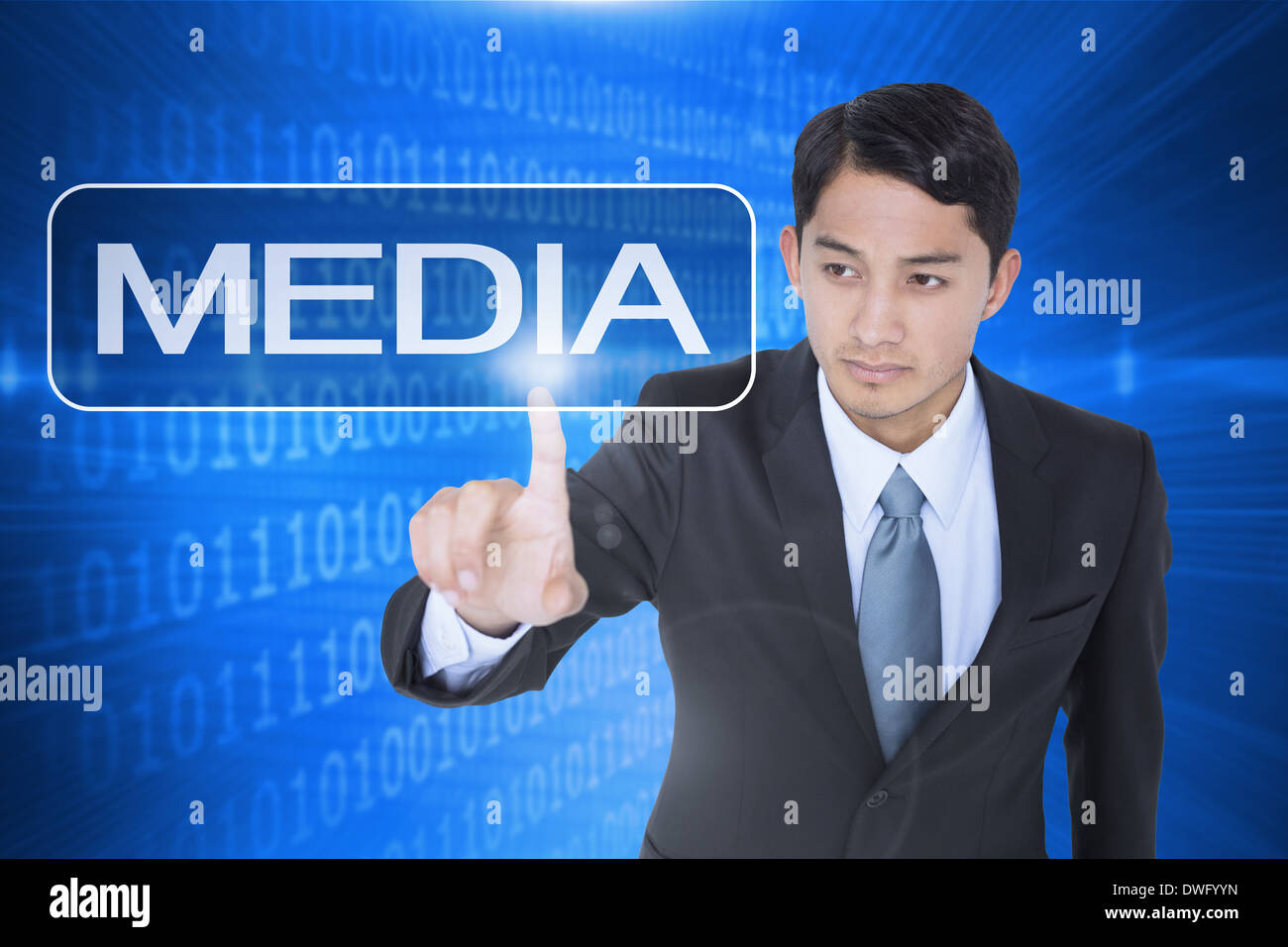 Media against futuristic shiny binary code Stock Photo