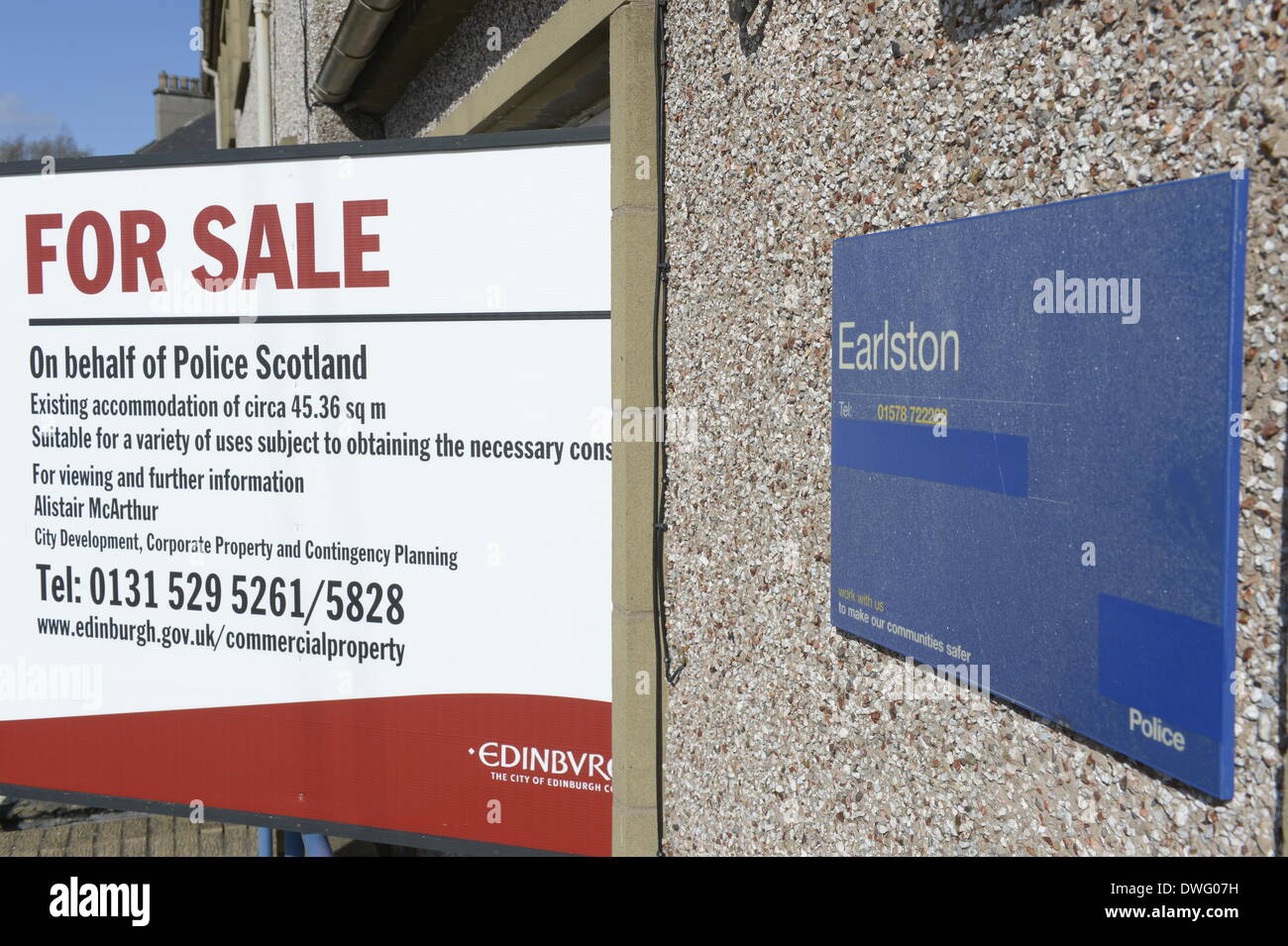 Huntshaw Road, Earlston, UK. 07 Mar 2014. Closed Police offices go on sale Buildings in Earlston goes up for sale on behalf of Police Scotland. Former Police station in Earlston, Scottish Borders. Credit:  Rob Gray/Alamy Live News Stock Photo