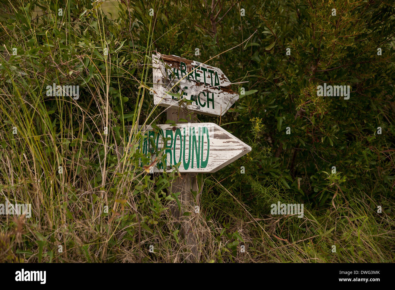 Old directional signs on Sapelo Island, Georgia. An isolated historic Gullah community occupied by slave descendants on a sea island off the coast of Georgia. Stock Photo