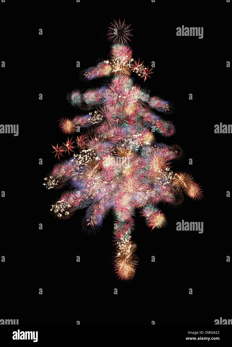 Christmas Tree of Fireworks or firecracker in the darkness. Stock Photo