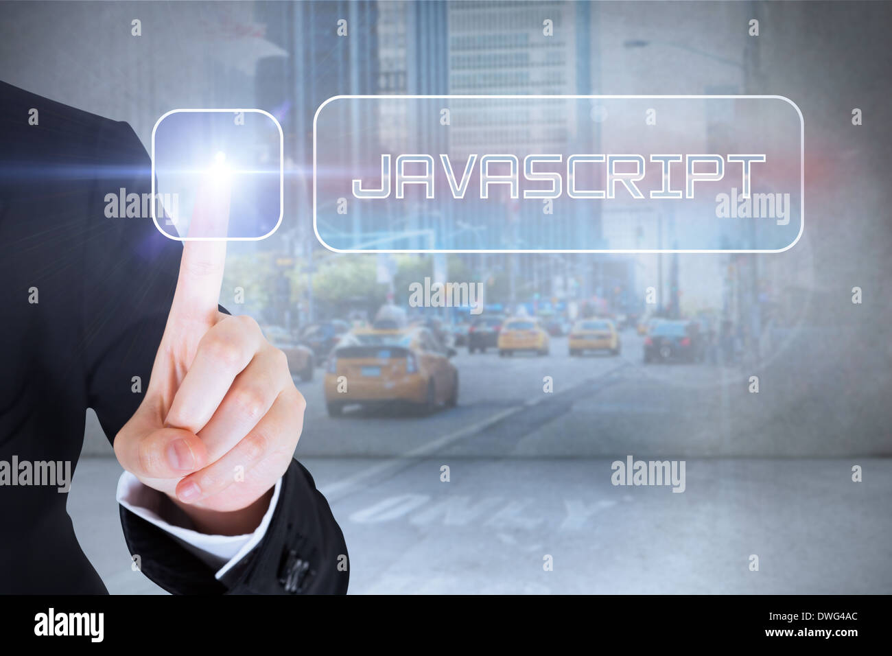 Businesswomans finger touching Javascript button Stock Photo