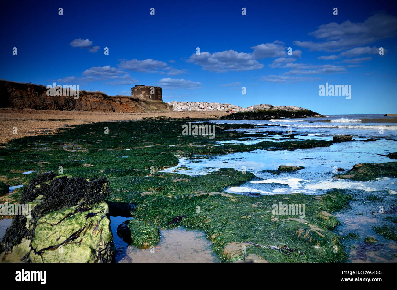 Martello tower and Beach. Bawdsey, Suffolk. Stock Photo