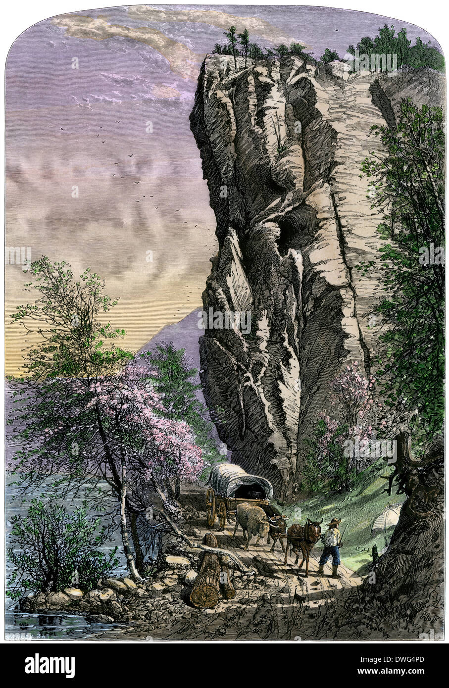 Wagon passing the Lover's Leap rock formation, Appalachian Mountains of North Carolina, 1800s. Hand-colored woodcut Stock Photo