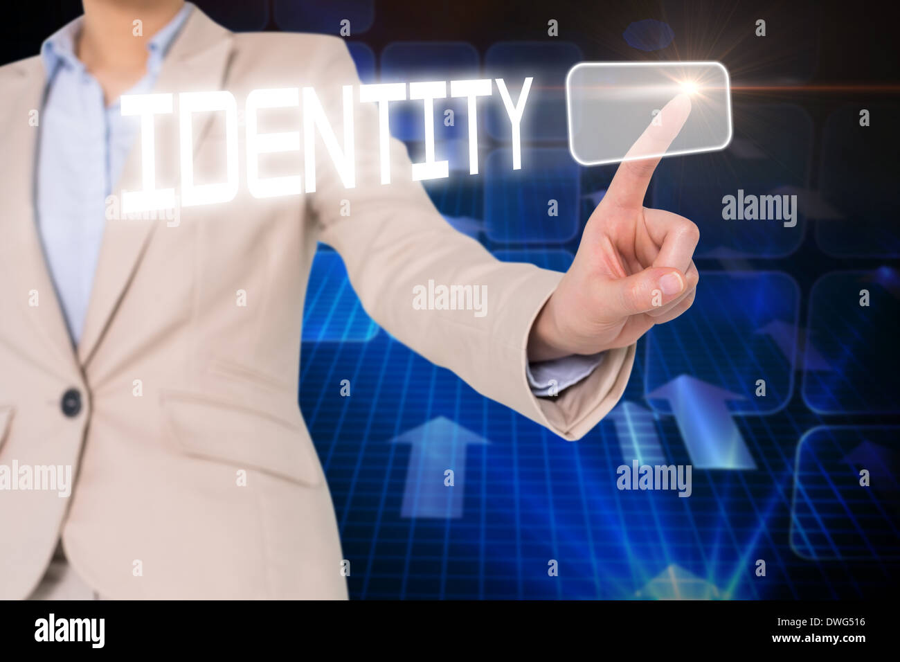 Businesswomans finger touching icentity button Stock Photo