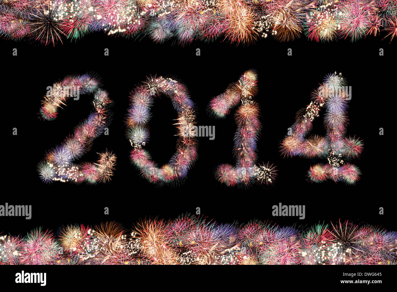 Mix Fireworks in text of Two thousand and fourteen on the darkness. Stock Photo