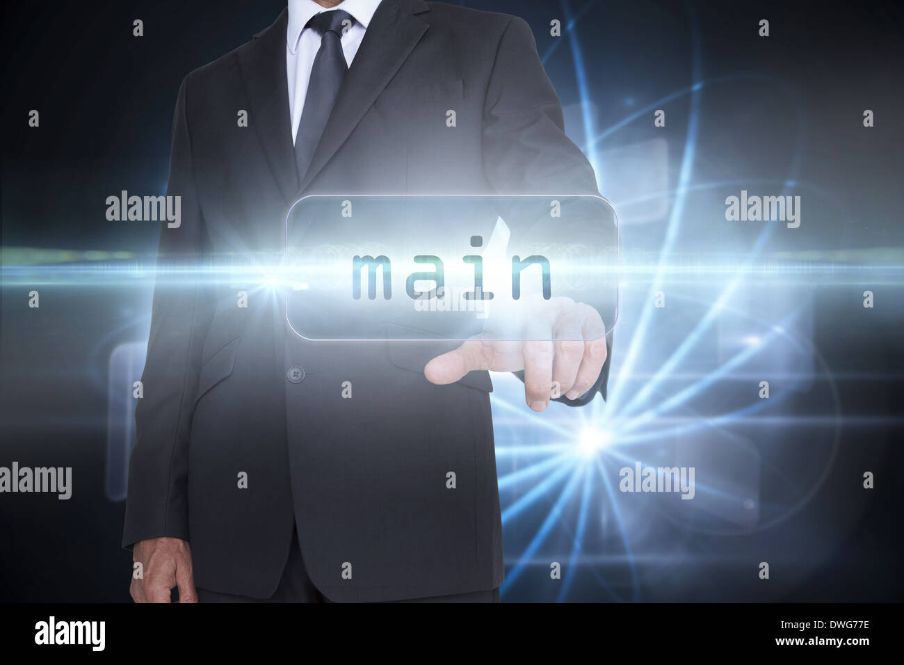 Main against shiny sphere on black background Stock Photo
