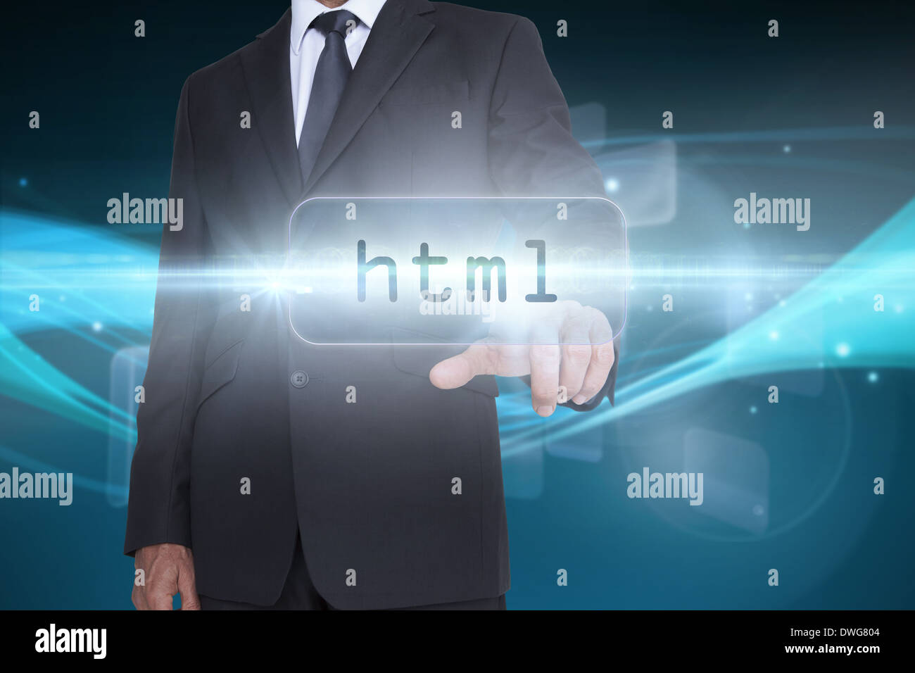 Html against abstract glowing black background Stock Photo