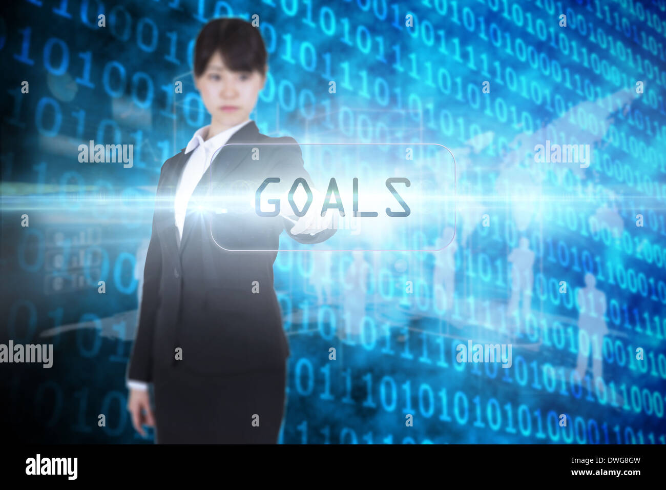 Goals against shiny blue binary code on black background Stock Photo