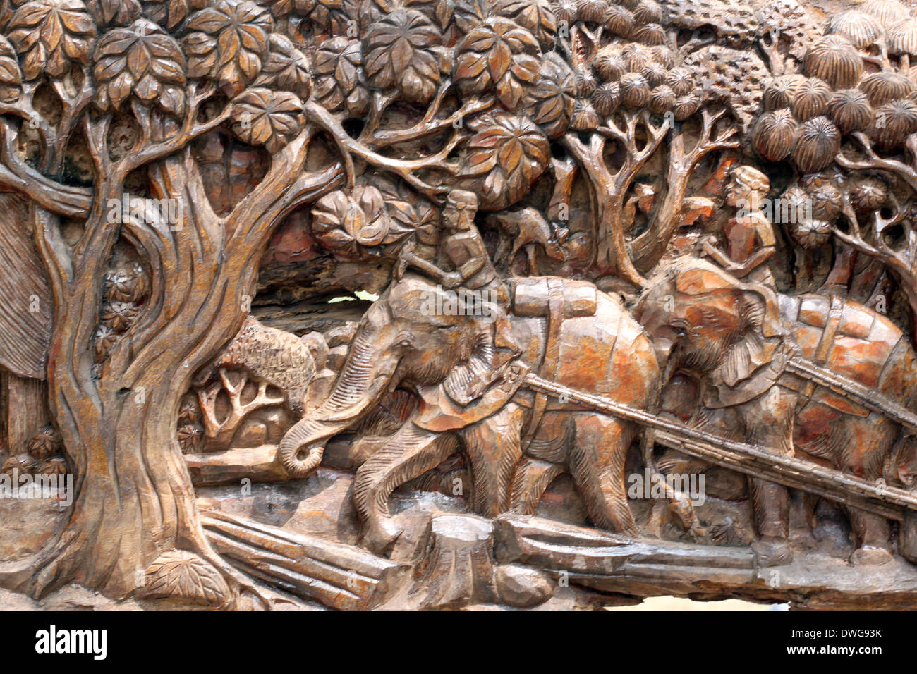 Motifs carved from wood of elephant. Stock Photo