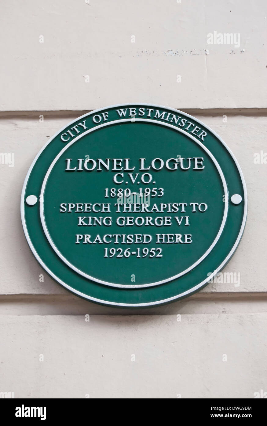 westminster green plaque marking the practice of speech therapist lionel logue, harley street, london, england Stock Photo