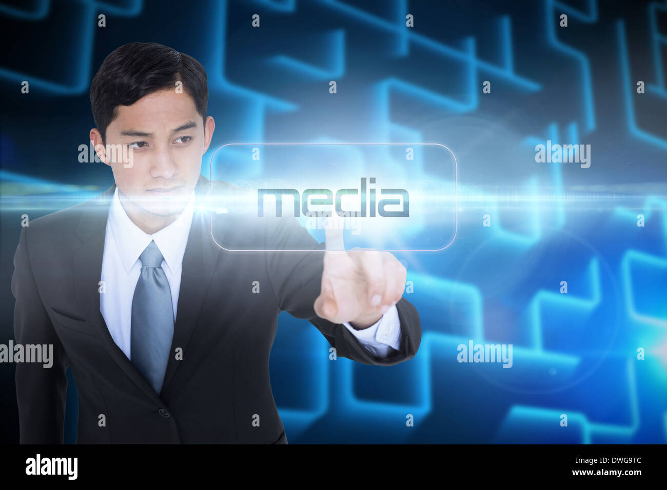 Media against shiny lines on black background Stock Photo