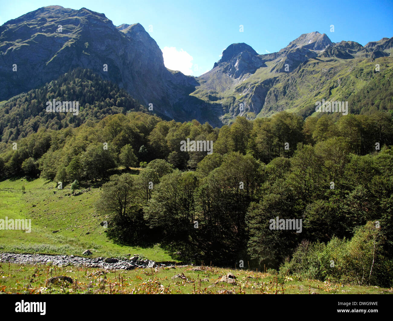 Landscape near the tunnel of Vielha, road N 230, Vielha e Mijaran, Viella, Val d'Aran, Aran Valley, Pyrenees, Lleida province. Stock Photo
