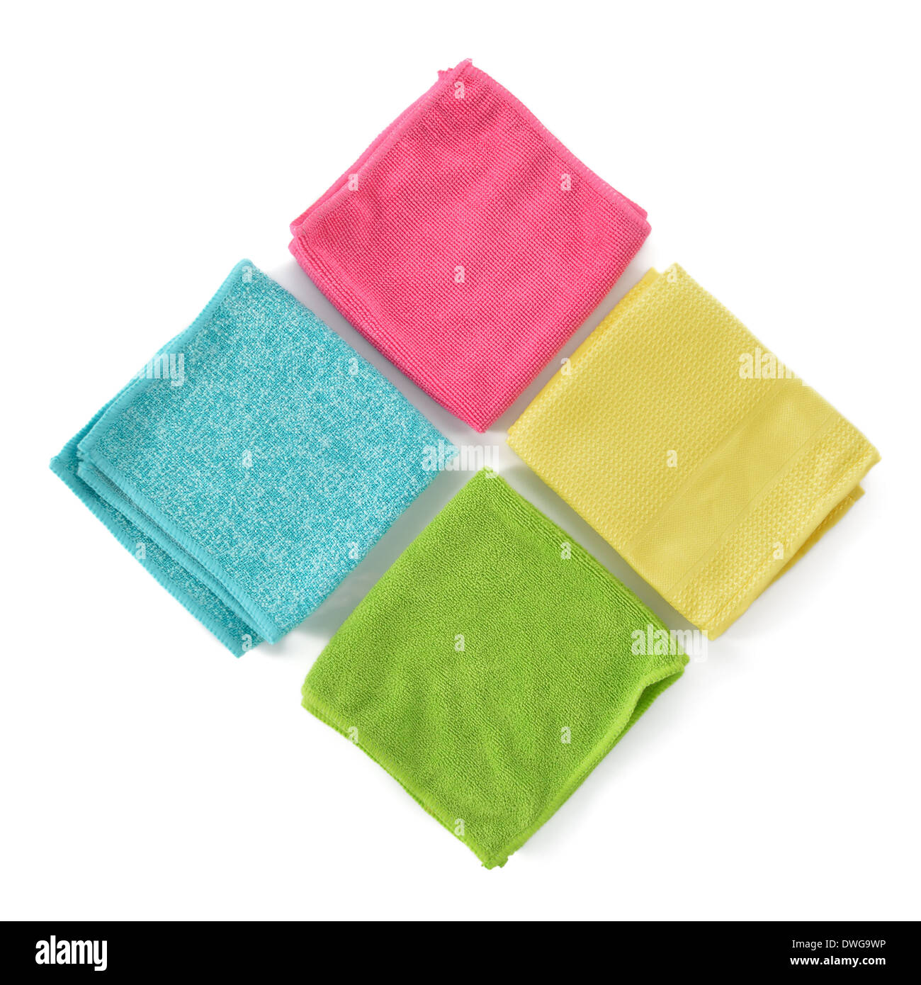 Set of colorful microfiber cleaning cloths isolated on white background. Cleaning cloth for different purposes. Stock Photo