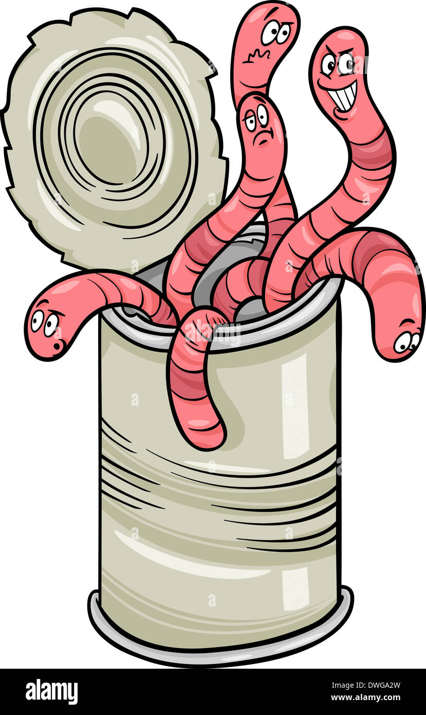 Cartoon Humor Concept Illustration of Can of Worms Saying or Proverb Stock Photo