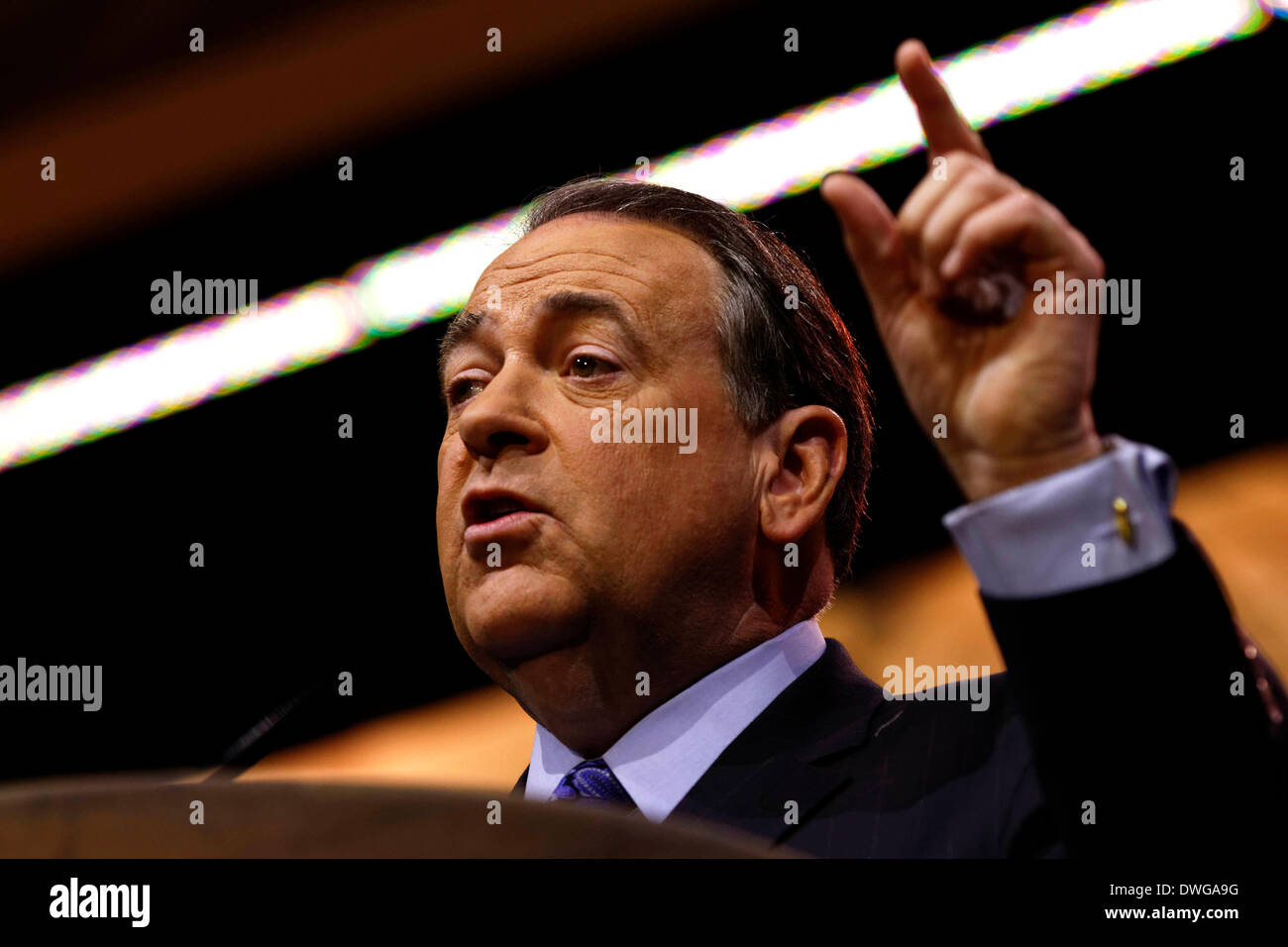 Former Governor of Arkansas, Mike Huckabee speaks during an address to CPAC Stock Photo