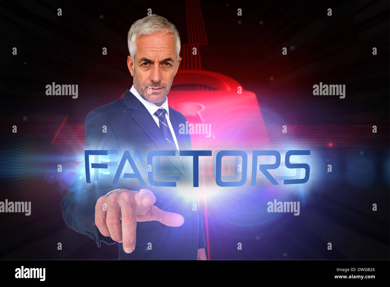 Factors against shiny red lock on black background Stock Photo