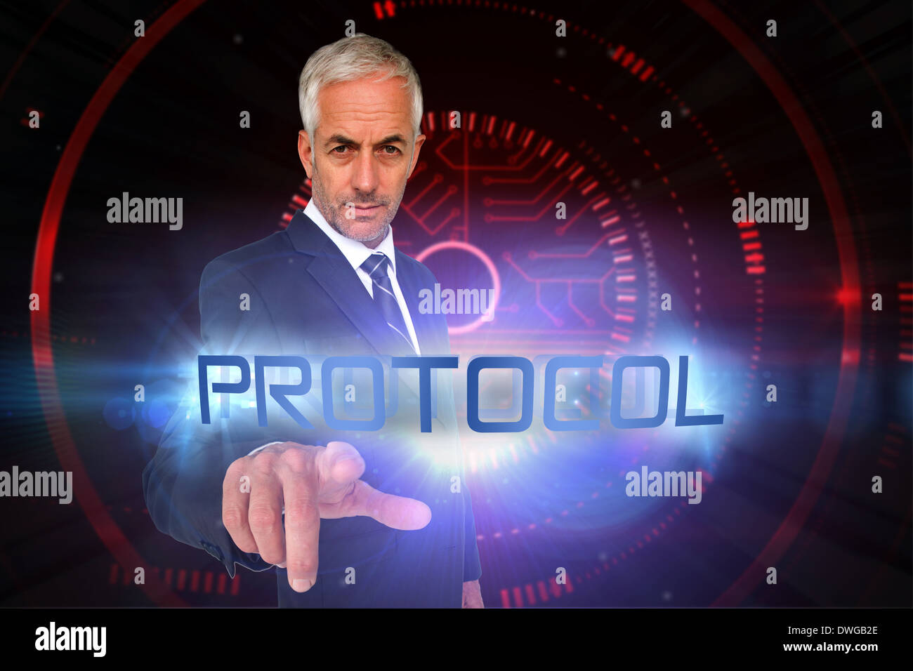 Protocol against shiny red circles on black background Stock Photo