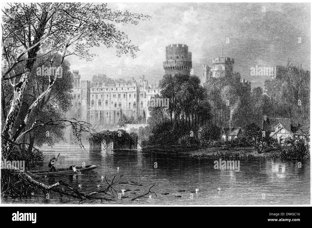 An engraving entitled 'Warwick Castle' scanned at high resolution from a book published in 1876. Stock Photo