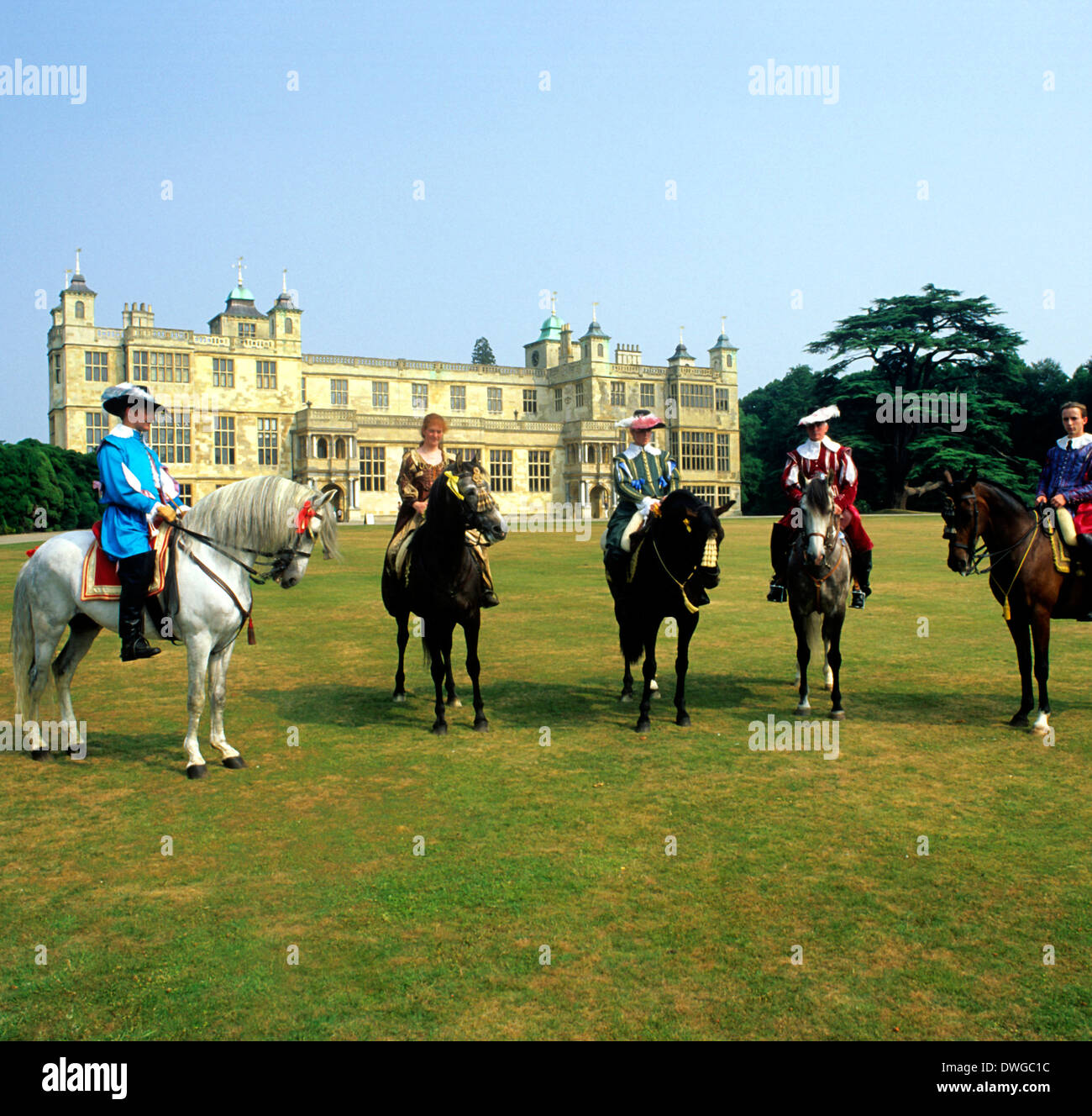 Audley End House, 17th century costume horse riders historical re-enactment, Essex England UK Stock Photo