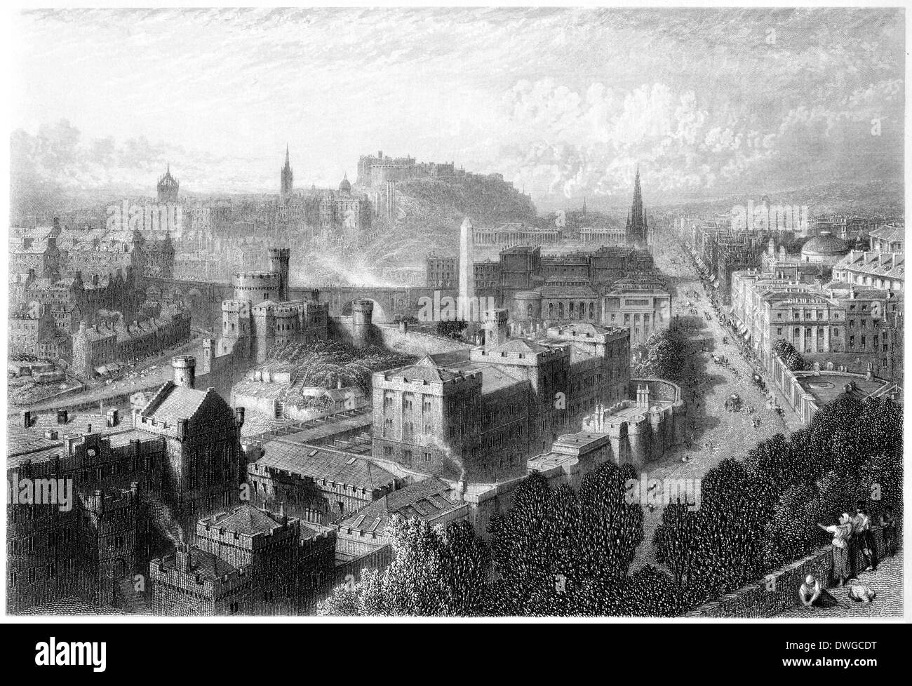 An engraving entitled 'Edinburgh from Calton Hill' scanned at high resolution from a book published in 1876. Believed copyright free. Stock Photo