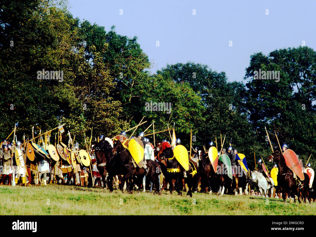Battle of Hastings re-enactment, Saxon and Norman warriors, Battle Abbey, Sussex England UK famous battles Stock Photo