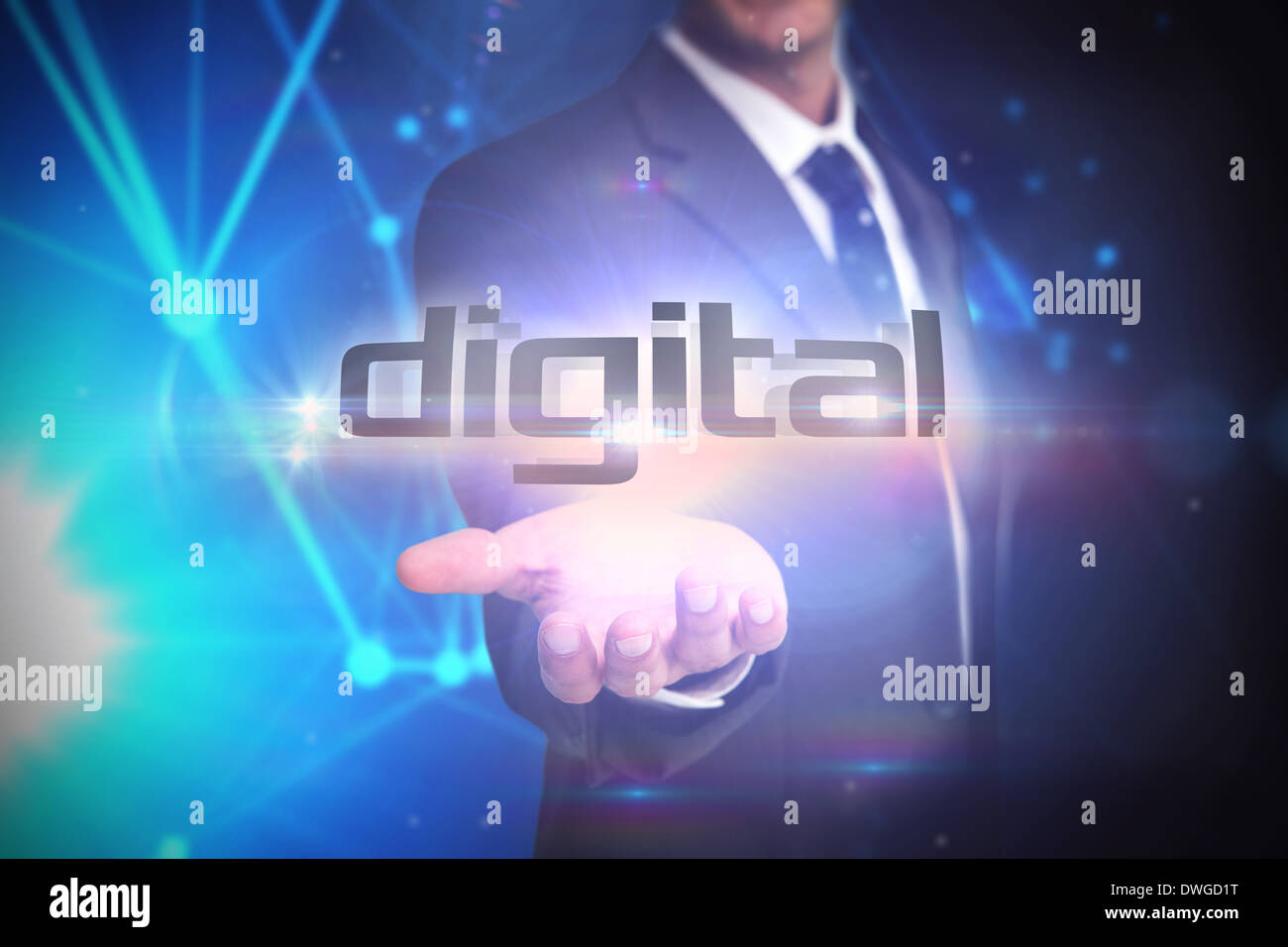 Hand presenting against futuristic black and blue background Stock ...