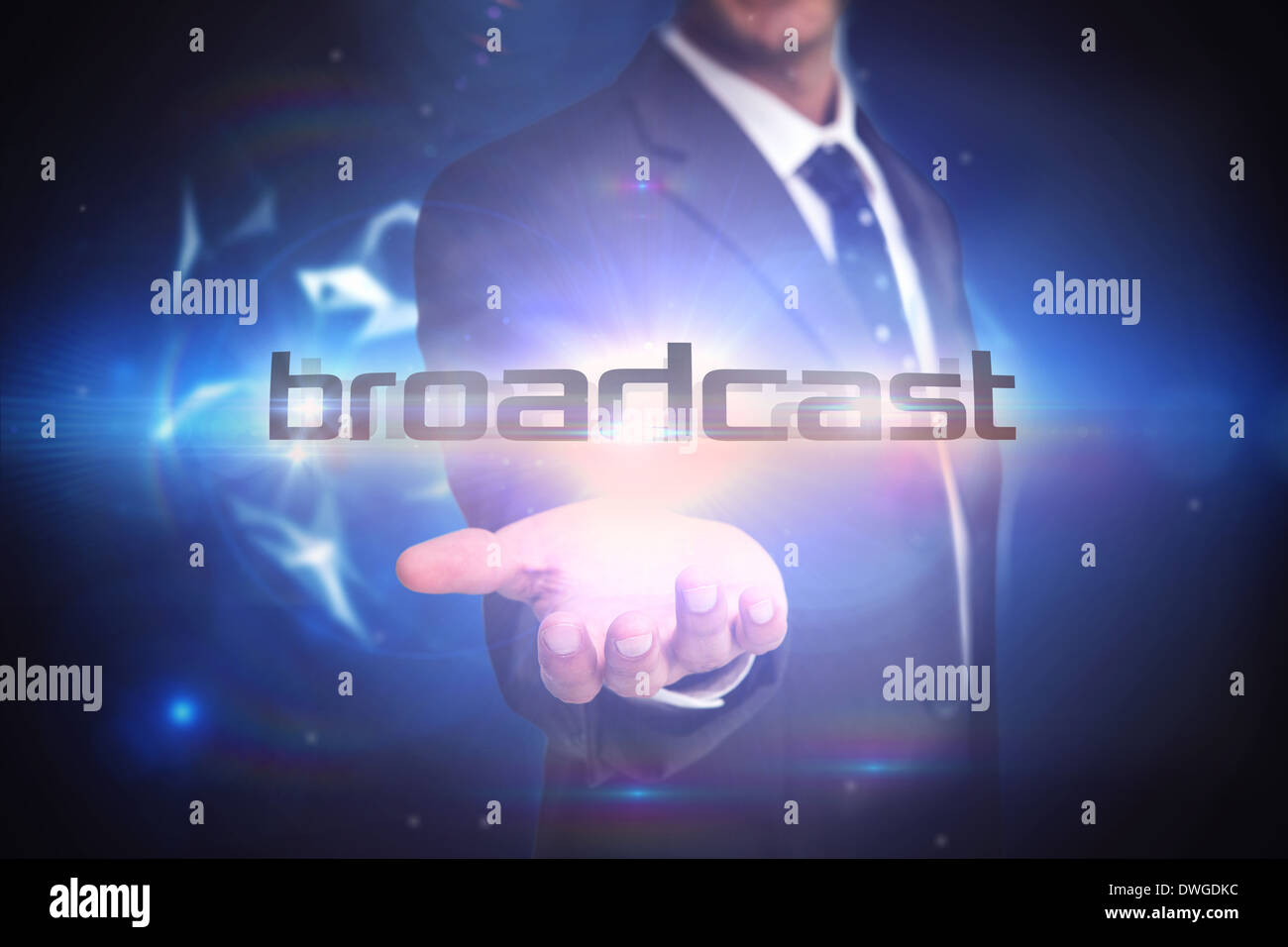 Broadcast against glowing technological background Stock Photo