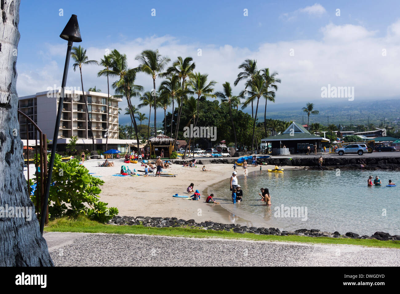 Kailua waterfront and beach and King Kamehameha's Kona Beach Hotel. Kailua-Kona, The Big Island, Hawaii, USA. Stock Photo