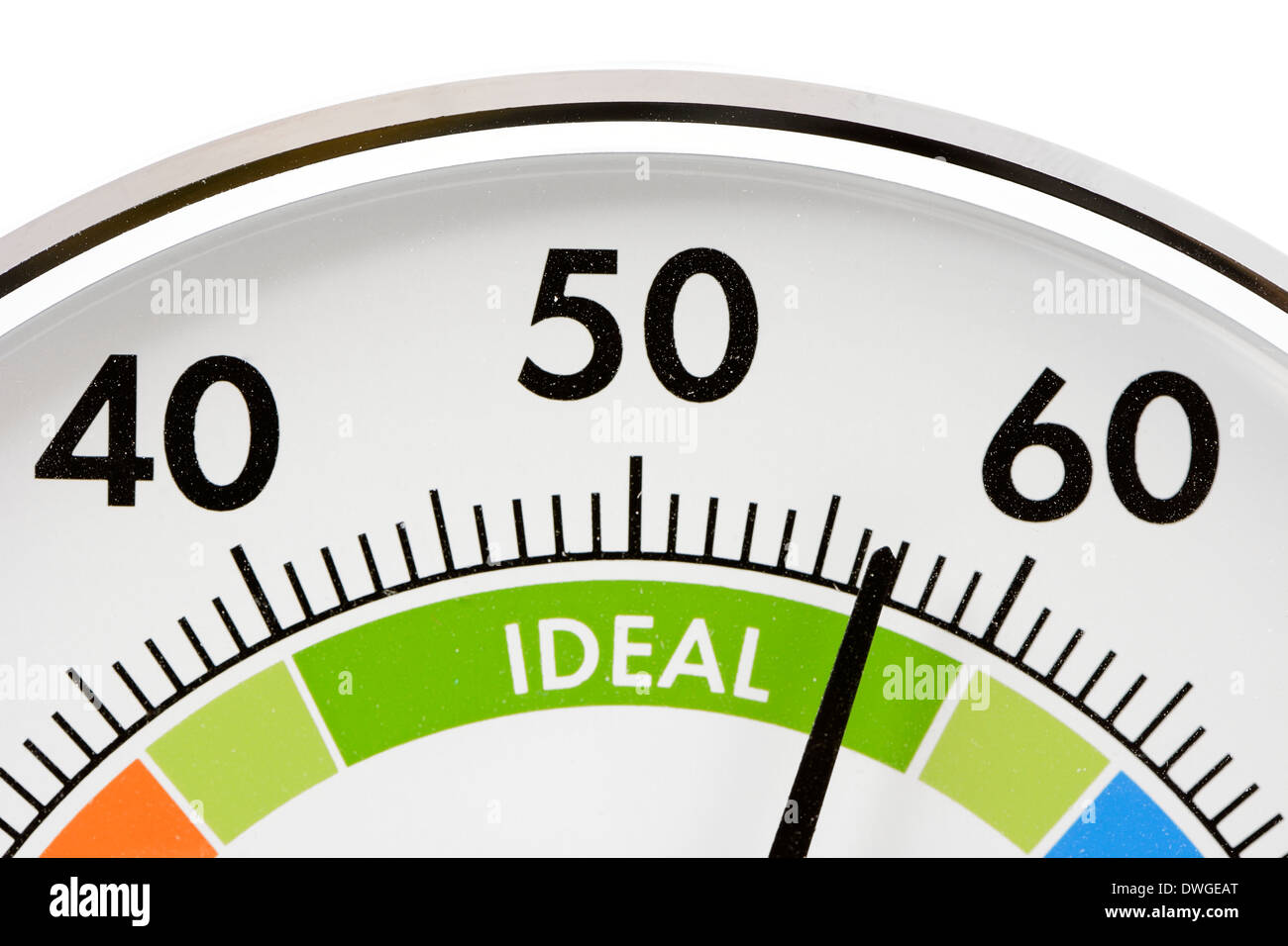 Hygrometer showing that the humidity is in an ideal range Stock Photo