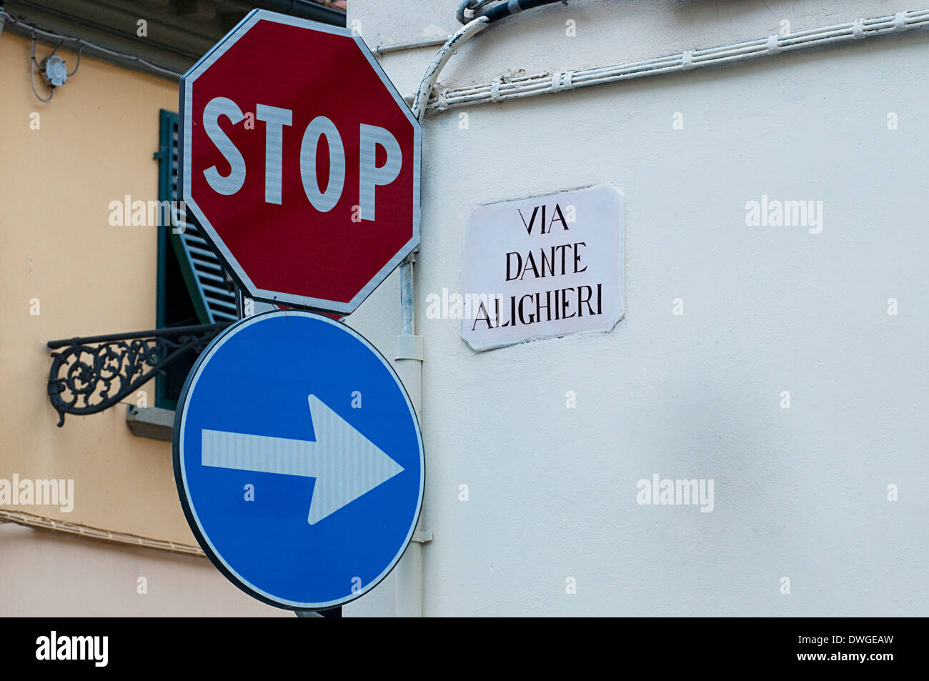 Traffic signs on Via Dante Alighieri, Lastra a Signa, Florence, Tuscany, Italy, Europe Stock Photo