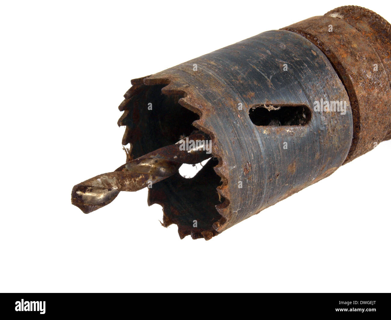 Old, rusty drill bit on a white background. Stock Photo