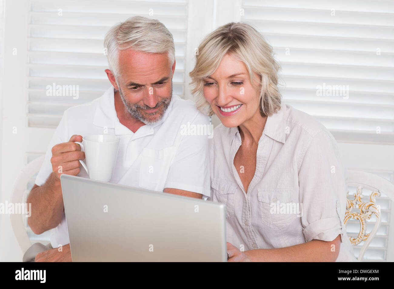 Smiling mature couple using laptop Stock Photo