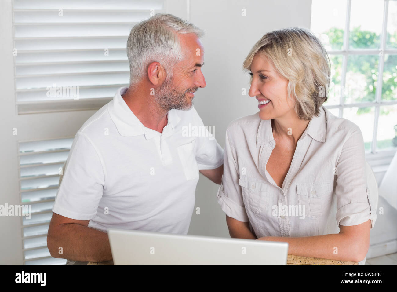 Smiling mature couple using laptop Stock Photo