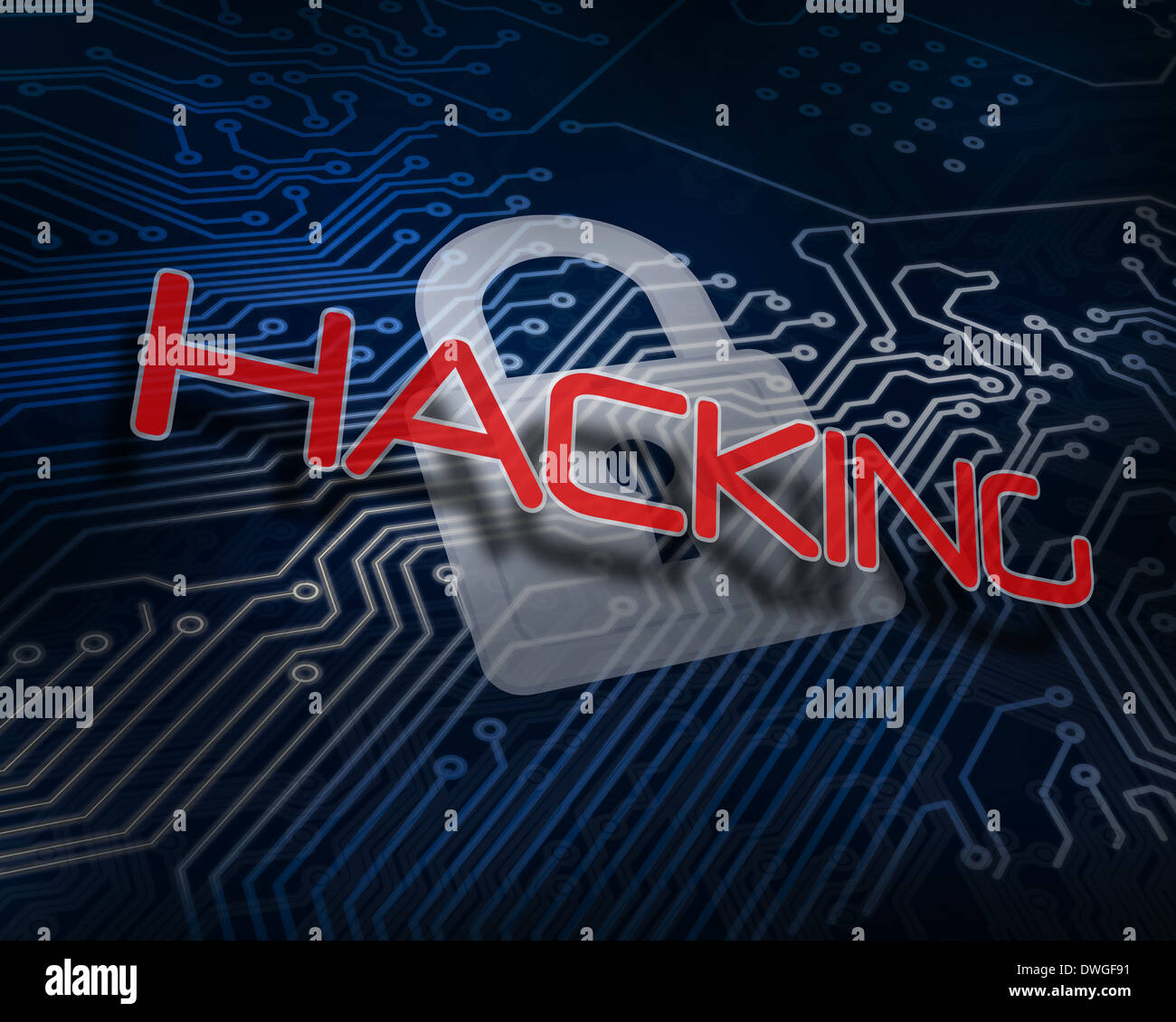 Hacking against white digital padlock over circuit board Stock Photo