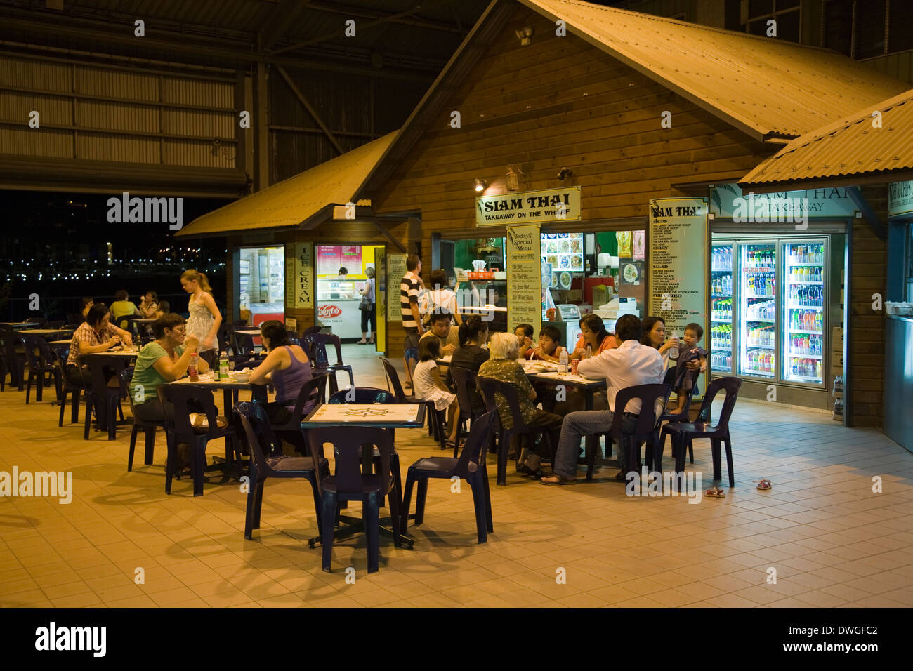 Outdoor dining, Stokes Hill Wharf, Darwin, NT, Australia. Stock Photo